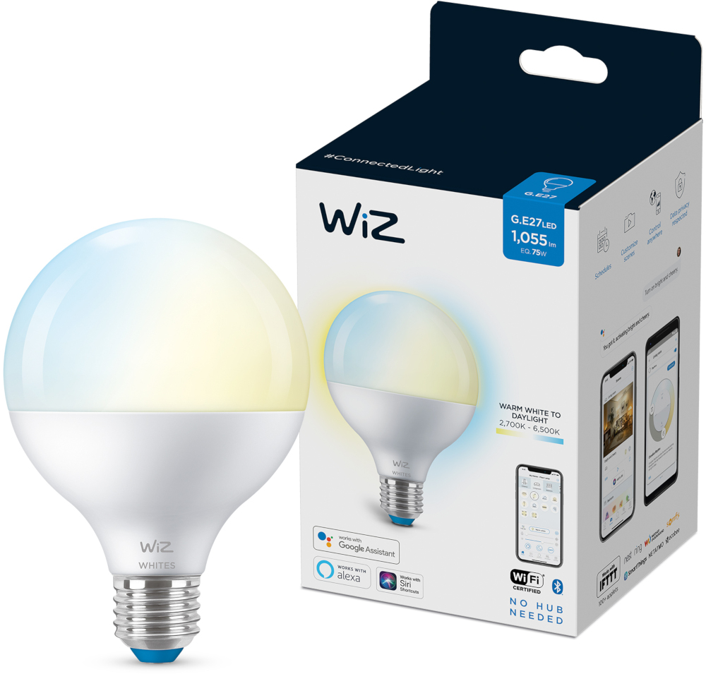 A white and blue lightbulb with a box.