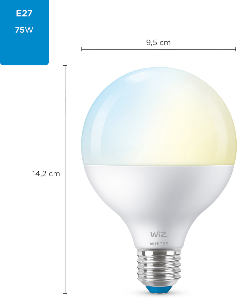 A large, white, round lightbulb, with dimensions and a blue and yellow gradient.