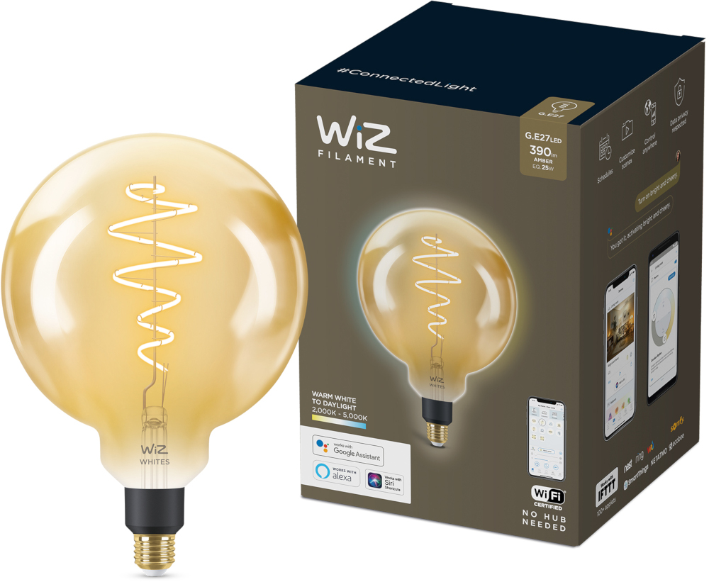 Een grote lamp met een spiraalvormige gloeidraad, met een doos. De lamp is geel.