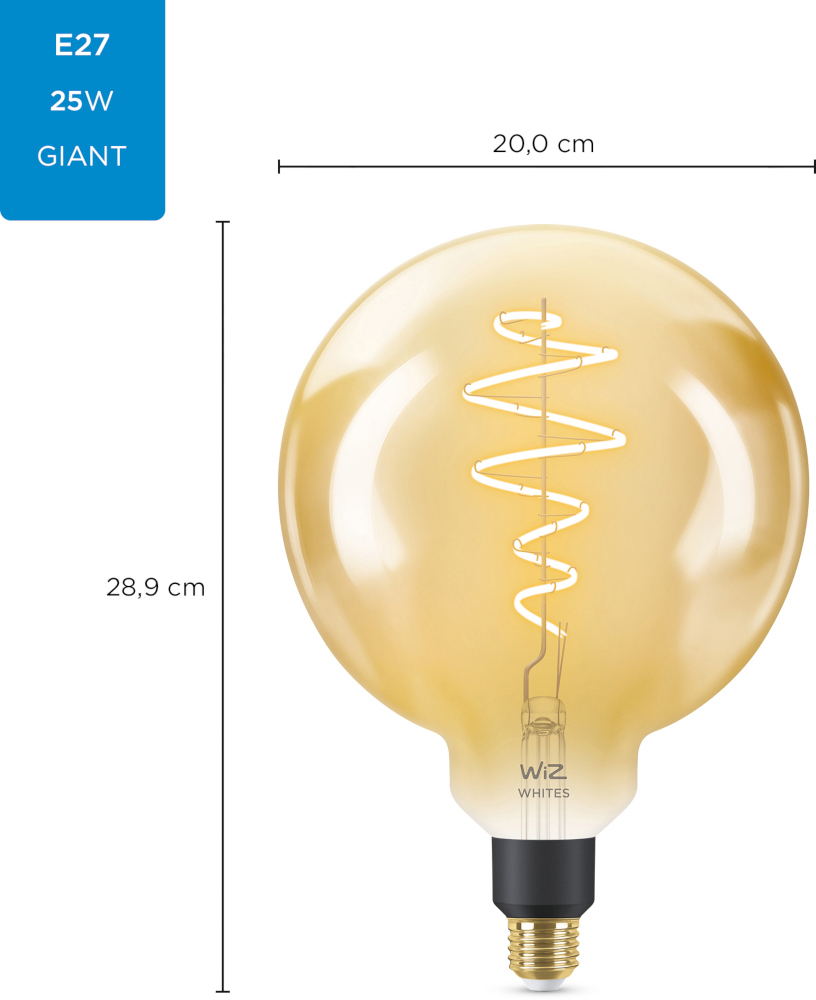 Een grote, ronde, gele gloeilamp met een lange, gebogen gloeidraad. Afmetingen en tekst staan links.
