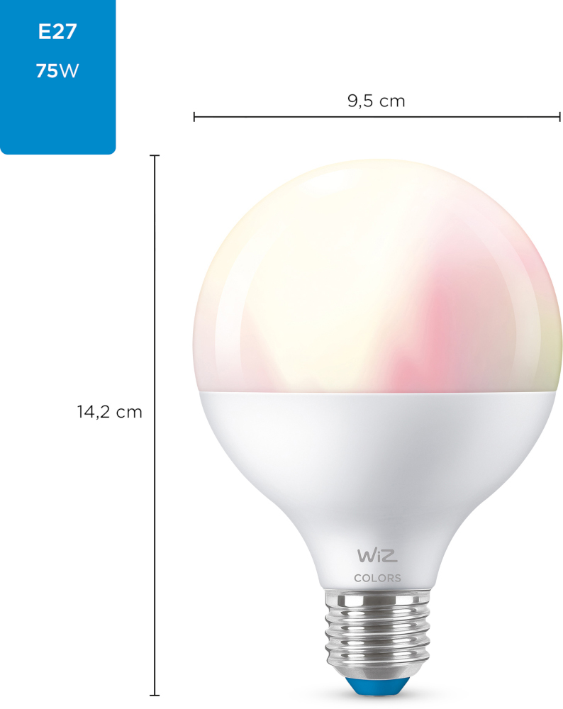 Een gloeilamp, witte voet, kleurrijke bovenkant. Een blauwe doos met tekst 'E27 75W' staat links. Afmetingen worden weergegeven.
