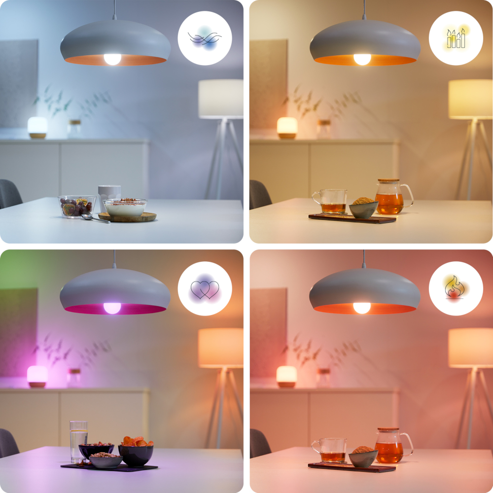 Vier afbeeldingen met verschillende lichteffecten van een hanglamp boven een tafelsetting.