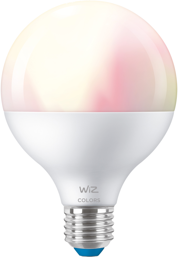 Witte en gekleurde gloeilamp, witte basis en een roze en gele bovenkant, met een blauwe basis.