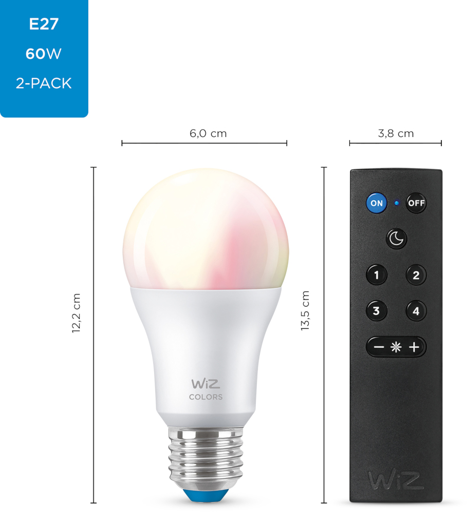 WIZ Ampoule Smart Colors E27 8 W - 2 pièces + WIZmote (55011700)