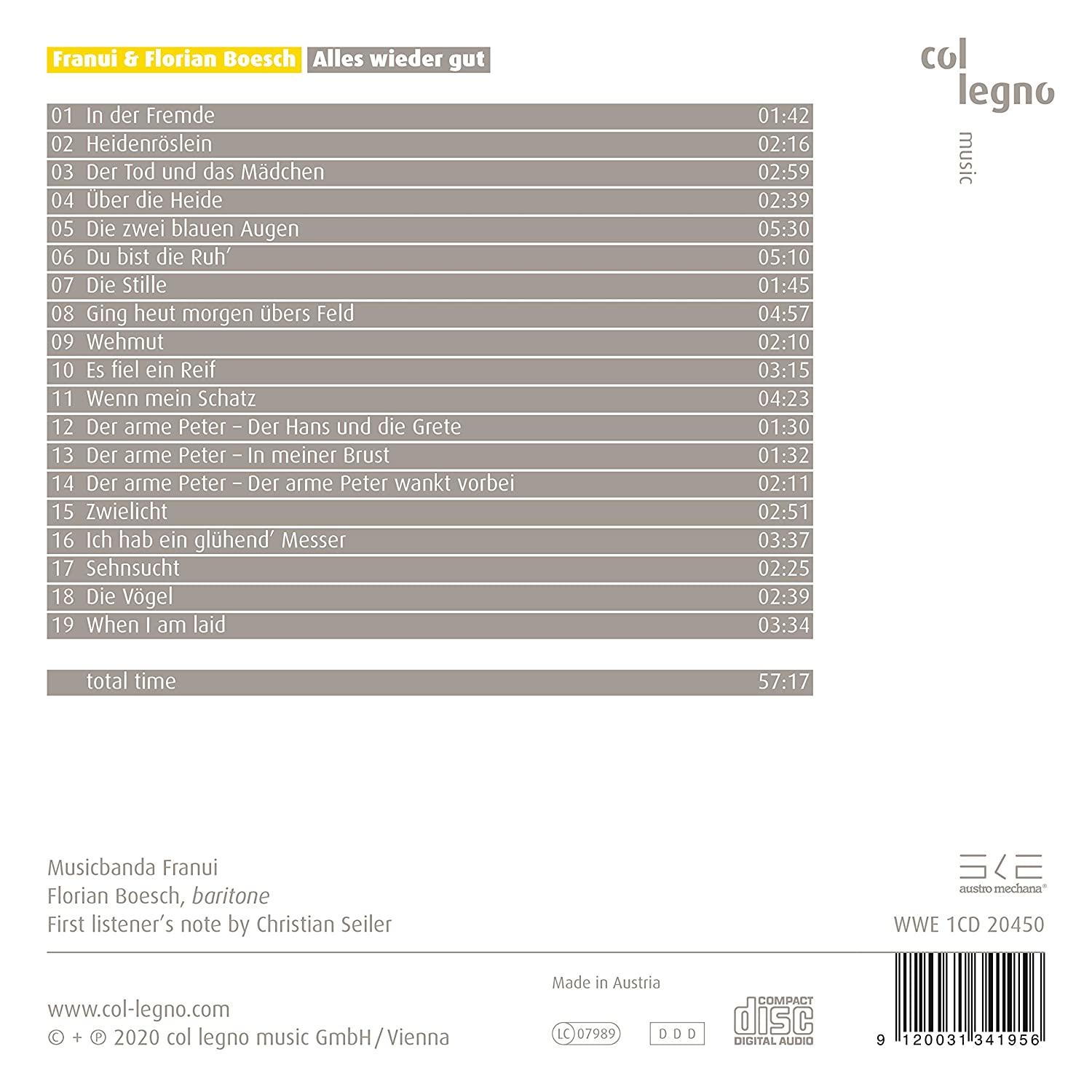Ein CD-Cover mit der Titelliste. Das Cover ist weiß mit schwarzem Text. Der Künstler ist Franui.