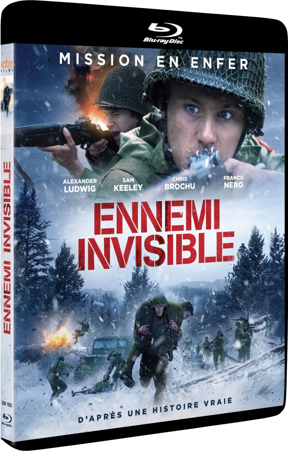 Couverture DVD : Film de guerre, soldats dans la neige. Titre 'Ennemi Invisible'.