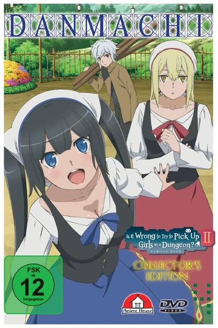 Anime-DVD-Cover: Drei Charaktere mit Text 'Is it Wrong to Try to Pick Up Girls in a Dungeon?'.
