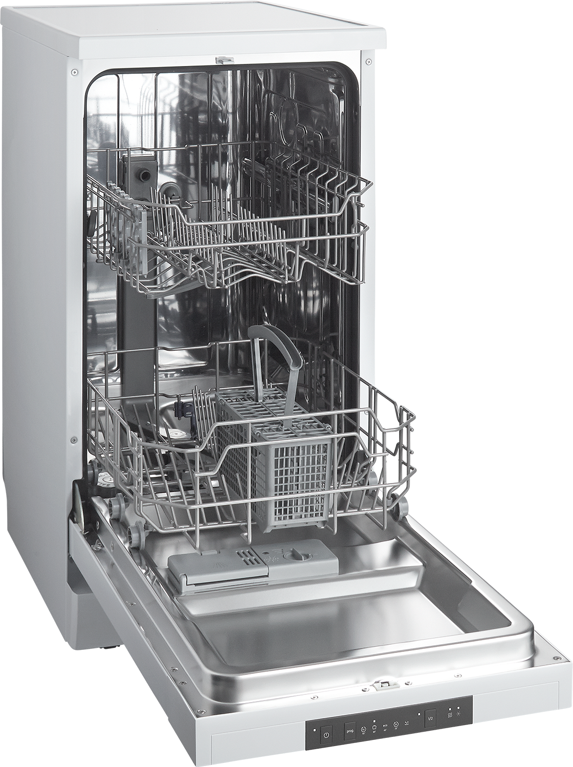 A white dishwasher with the door open, showing racks and interior.