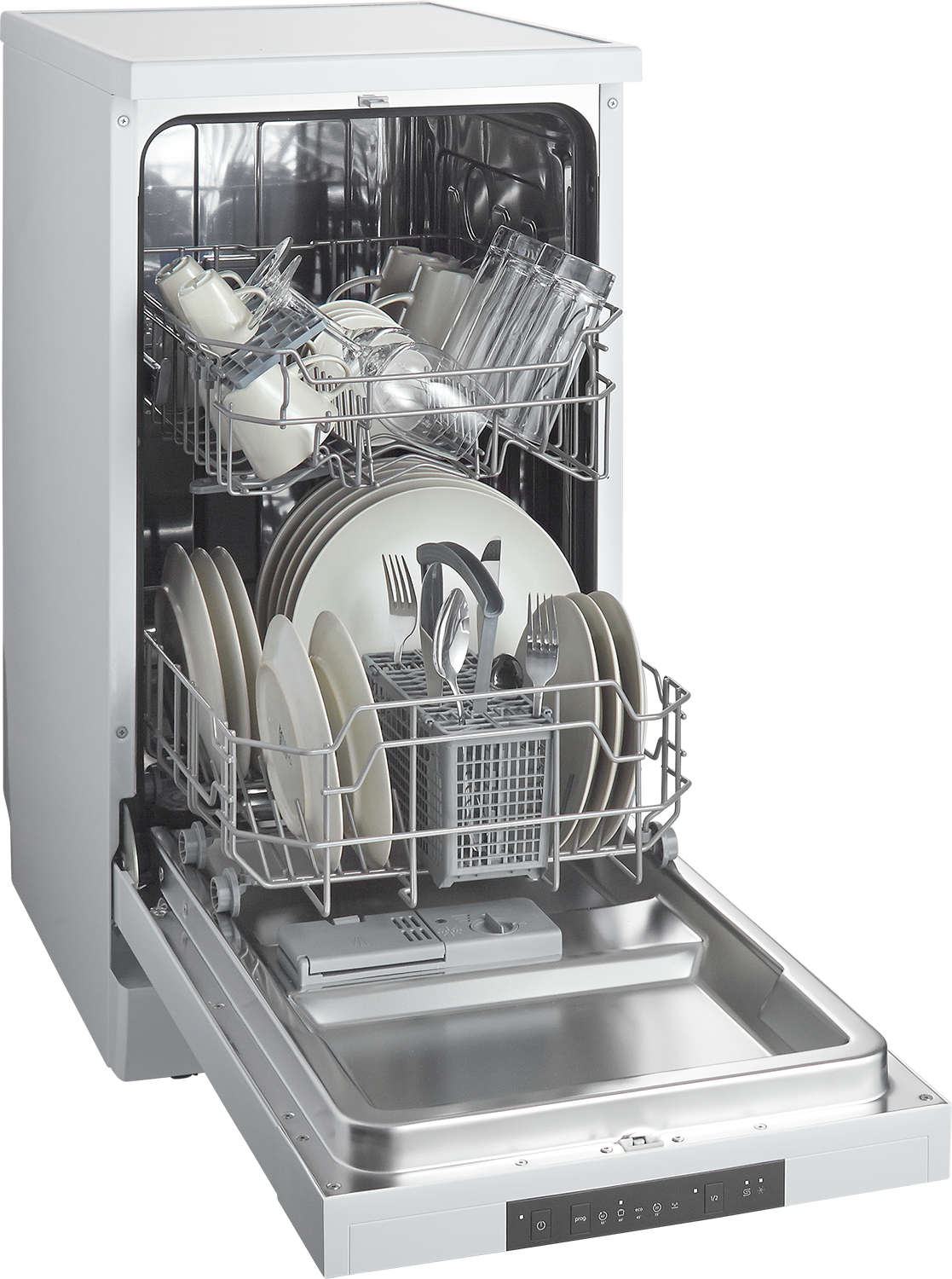 A white dishwasher with the door open, full of dishes, glasses, and silverware.