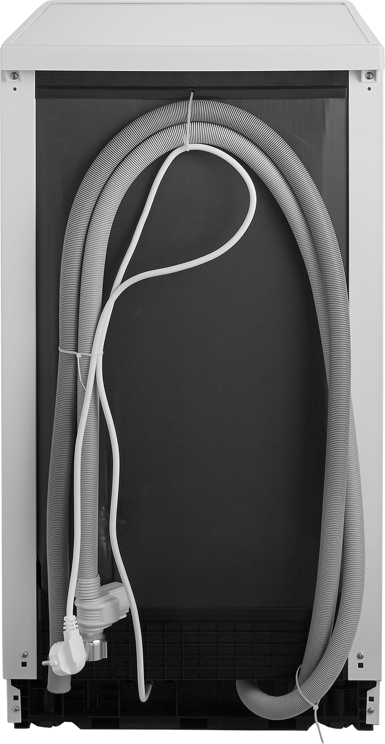 Back of a white washing machine with hoses and a power cord.