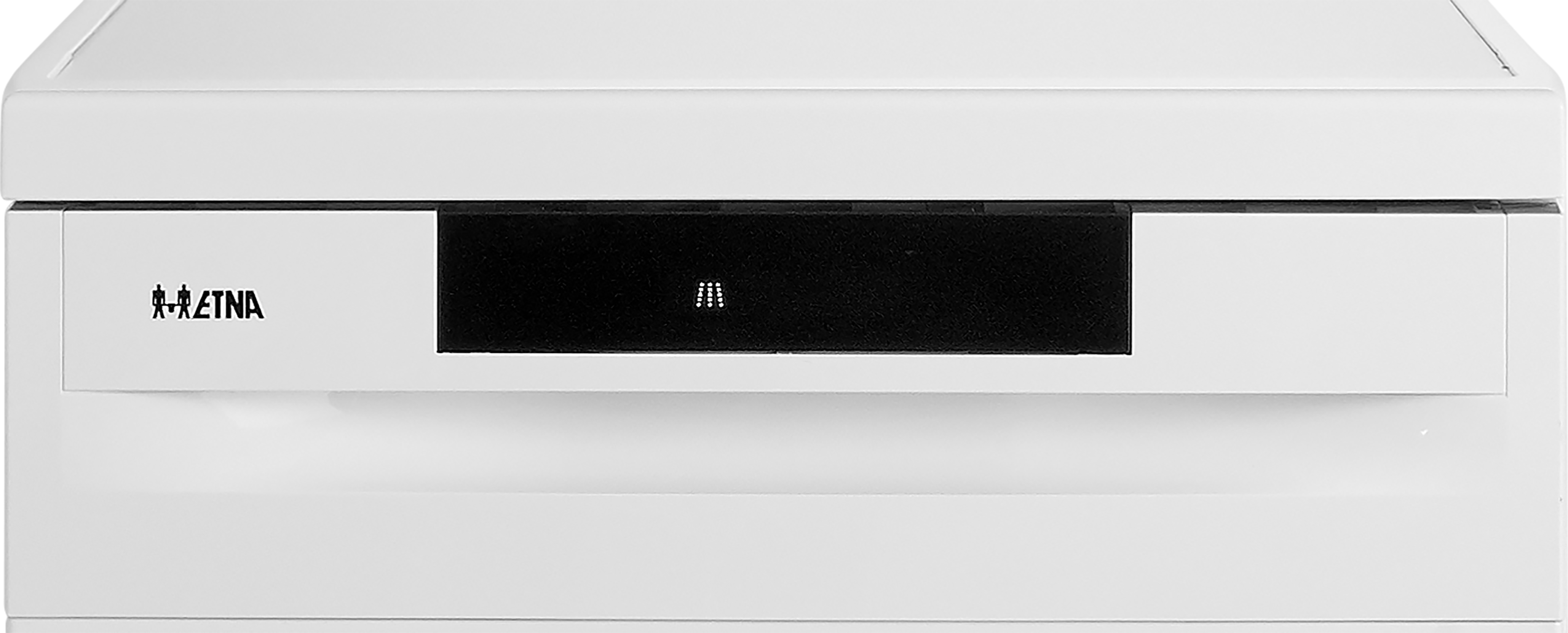 White Etna appliance with black panel and logo.