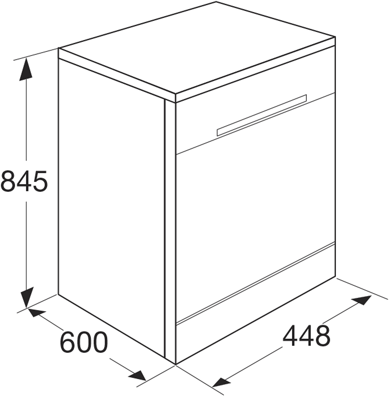 Isometric view of a built-in dishwasher, with dimensions labeled.