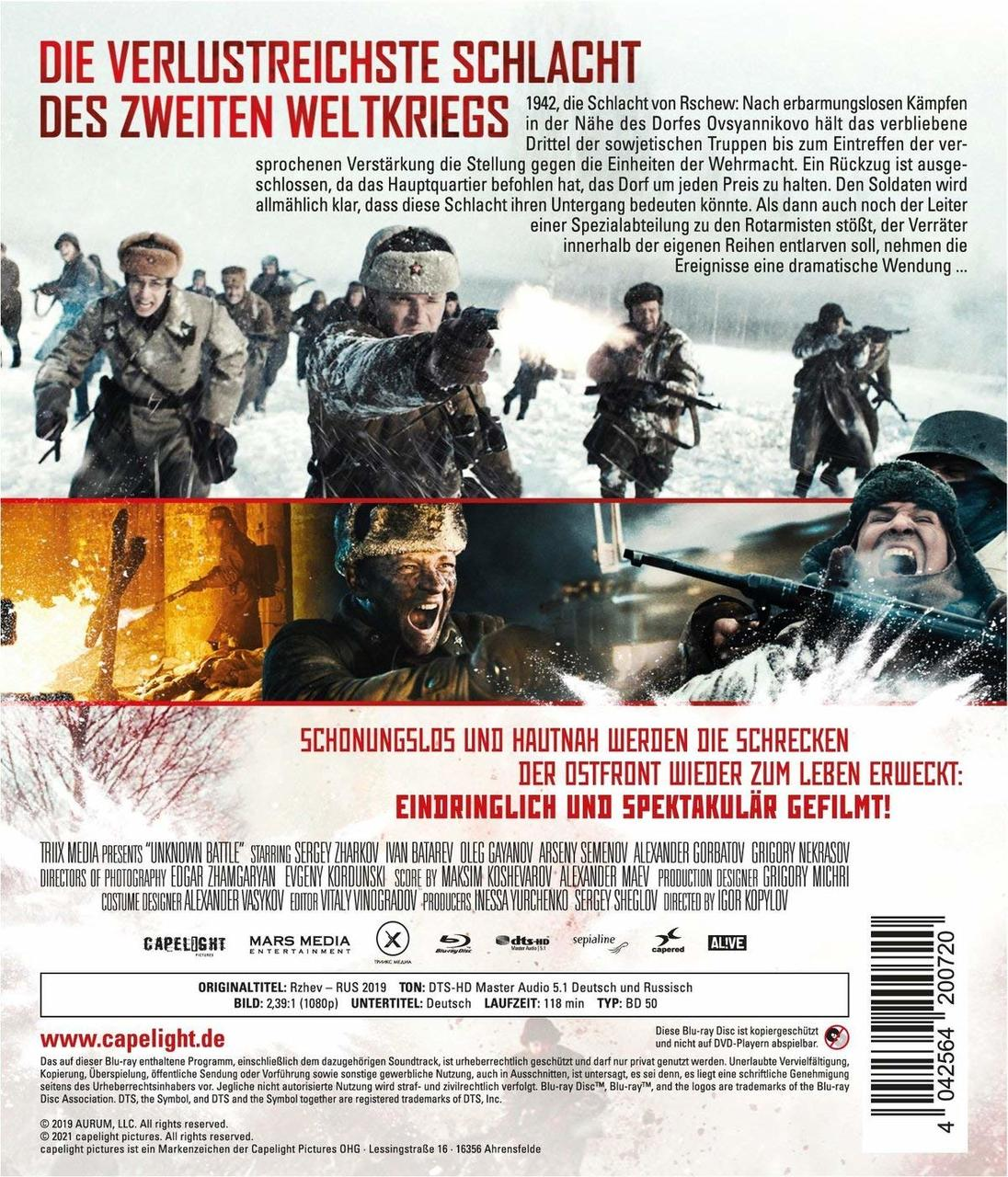 Filmplakat: Soldaten in Schneeschlacht, schießen. Titel: Unbekannte Schlacht.