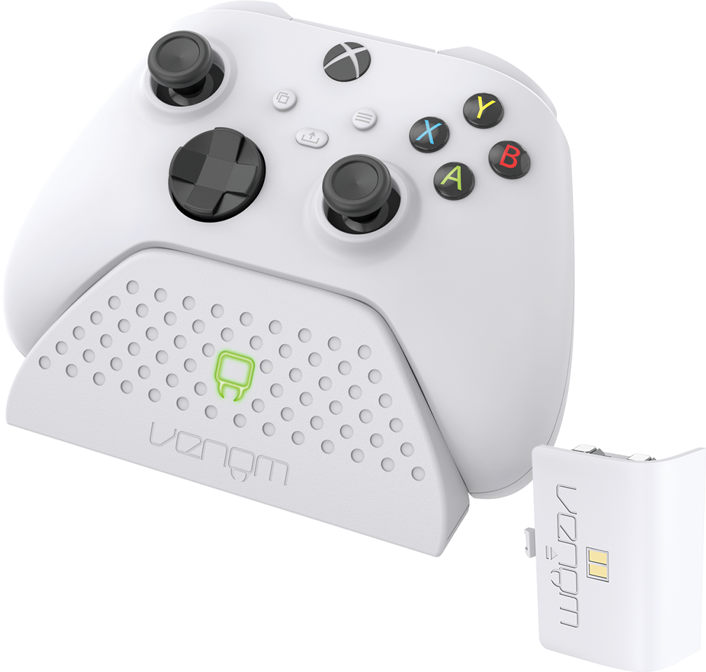 Fehér Xbox vezérlő és töltőállomás. A vezérlő fekete gombokkal rendelkezik.