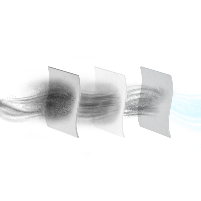 Filters layered in a sequence. The filters have a white frame and a dark inner section.