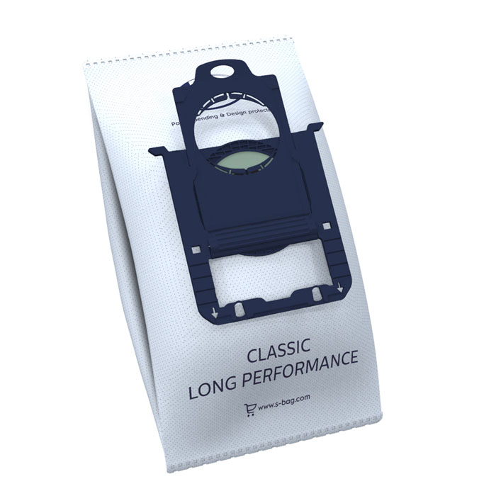 Vacuum cleaner bag with a plastic frame, on a white surface.