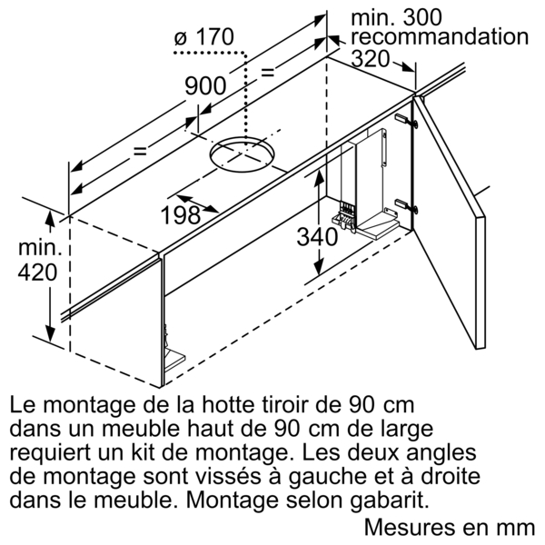 Diagramme d'une hotte aspirante avec dimensions. Texte en français.