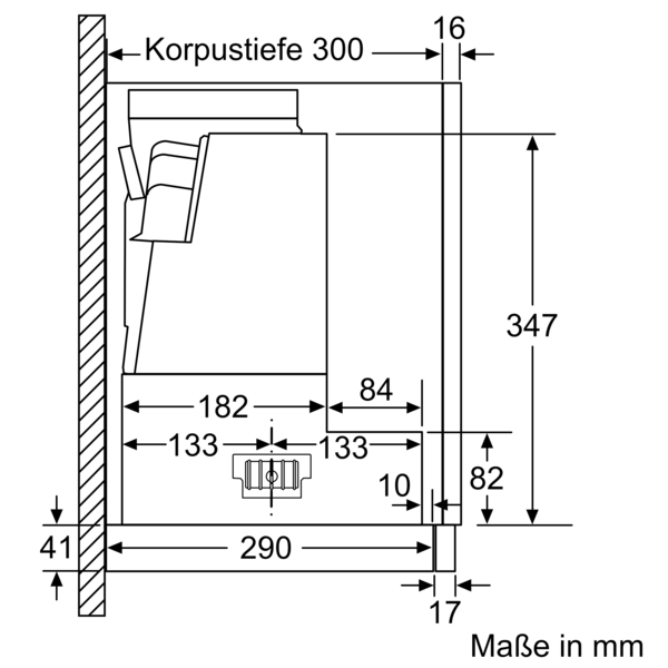 Eine technische Zeichnung eines Einbauküchengeräts mit Maßangaben in Millimetern.