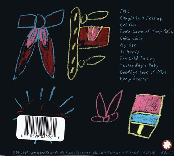 Une pochette d'album noire avec des dessins et du texte dessinés à la main : un nœud, un rectangle et un soleil.