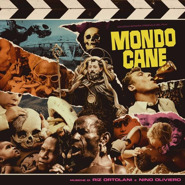 Collage d'affiches de films avec de nombreux visages. Le titre "Mondo Cane" est en haut du collage. Diverses images.