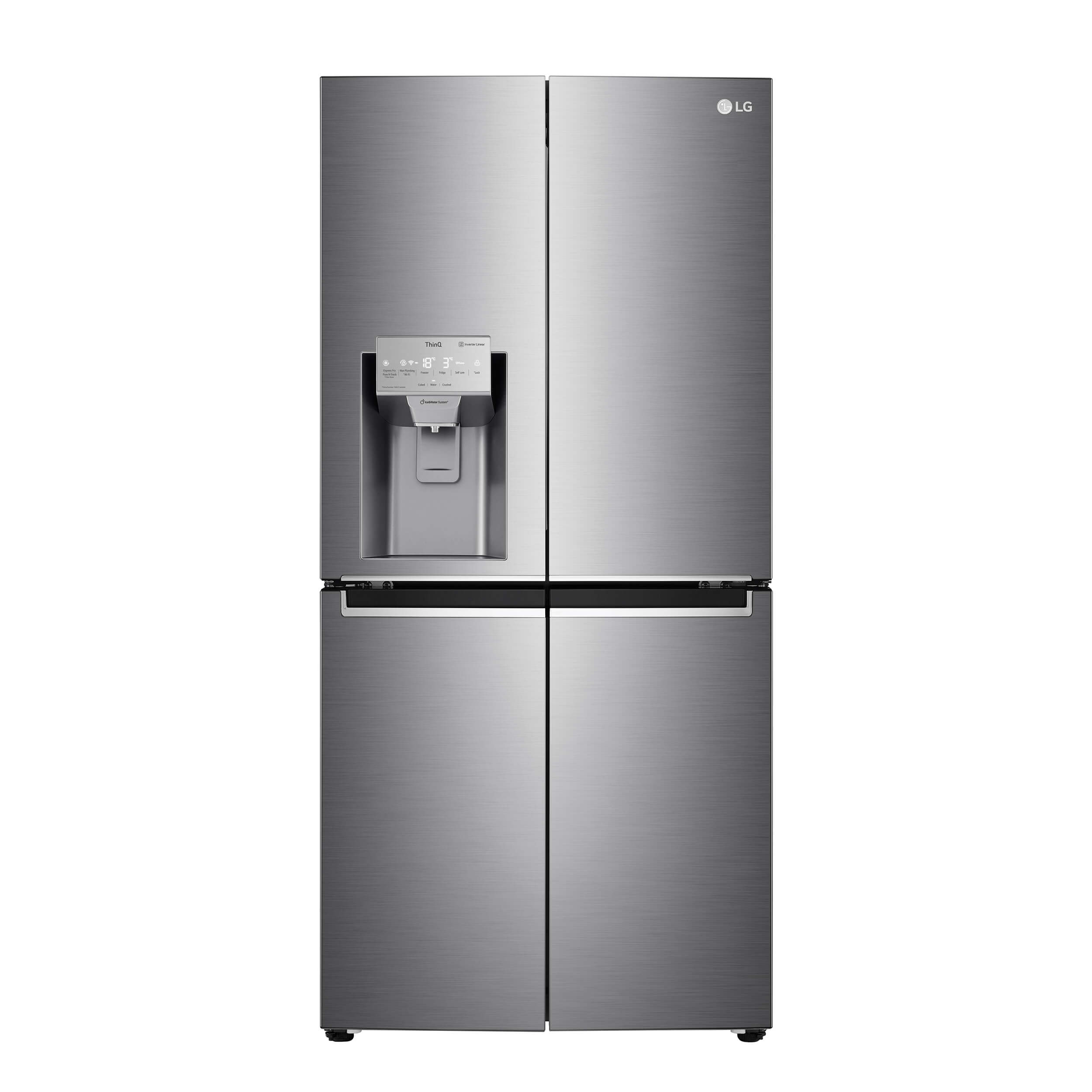 Silberner LG-Kühlschrank mit vier Türen, Wasserspender und Edelstahl-Finish.