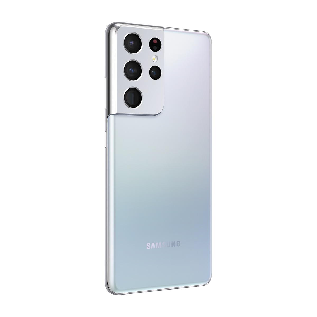 Gümüş renkli, birden fazla kameraya sahip bir Samsung telefonun arkası. Samsung logosu altta görünür.