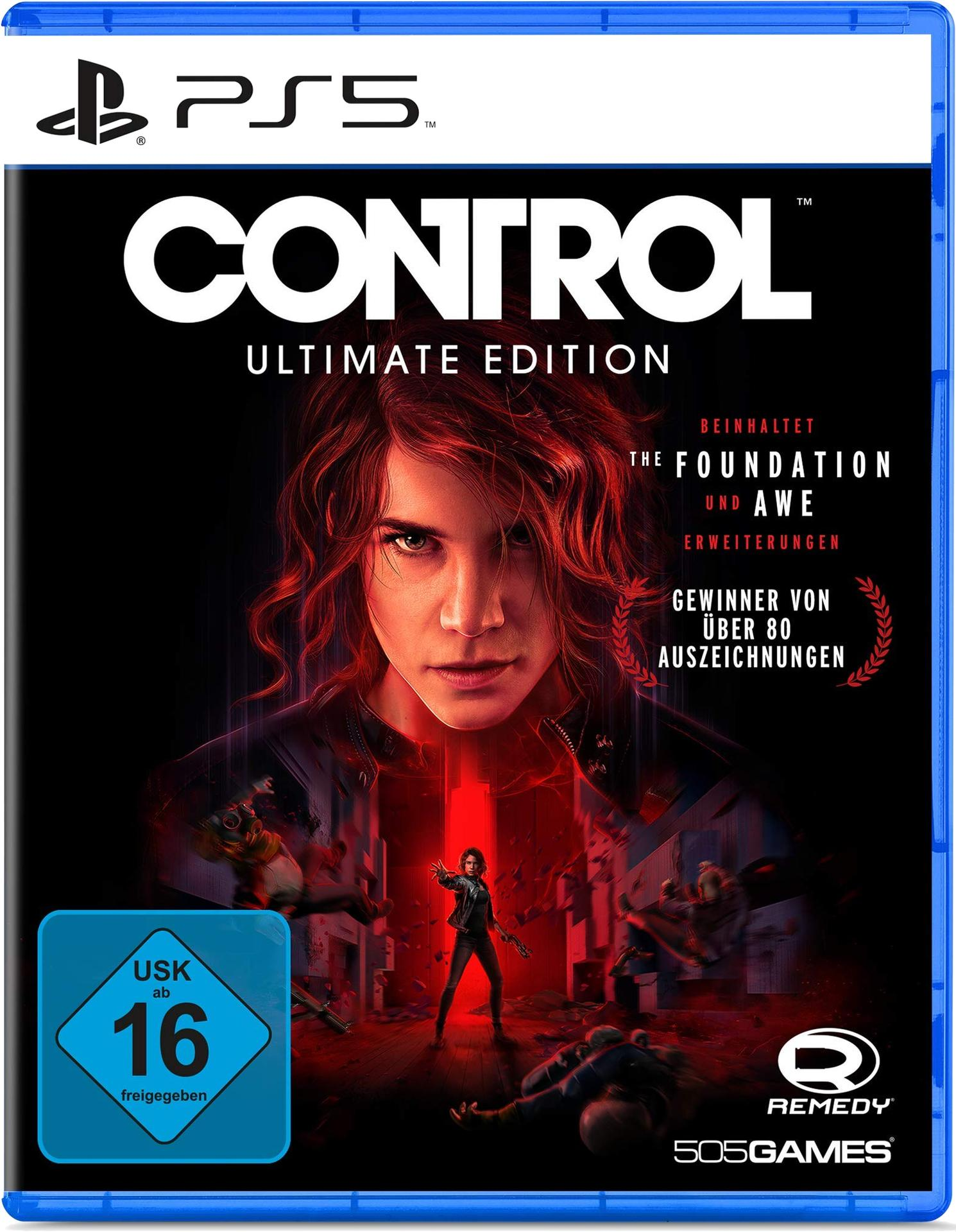 PS5-Spielbox: Control: Ultimate Edition. Frau mit roten Haaren im Zentrum. Spiel-Logo und Text.