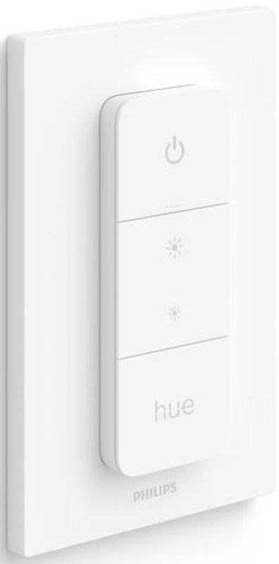 Weißer Philips Hue Lichtschalter mit drei Knöpfen an einer weißen Wand.