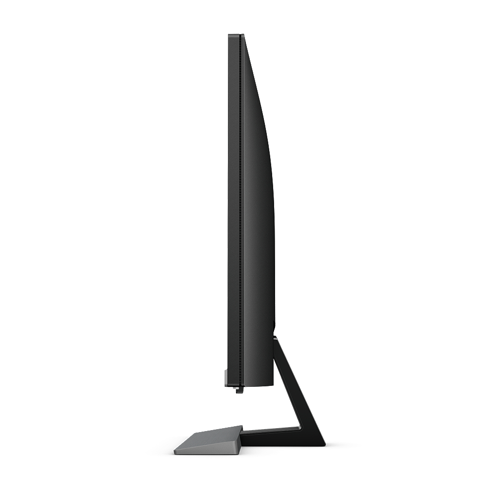 Ein schwarzer Computermonitor im Profil, mit Ständer und Sockel.