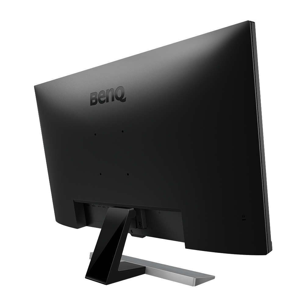 Rückansicht eines schwarzen BenQ Monitors mit schwarzem Ständer, weißer Hintergrund.