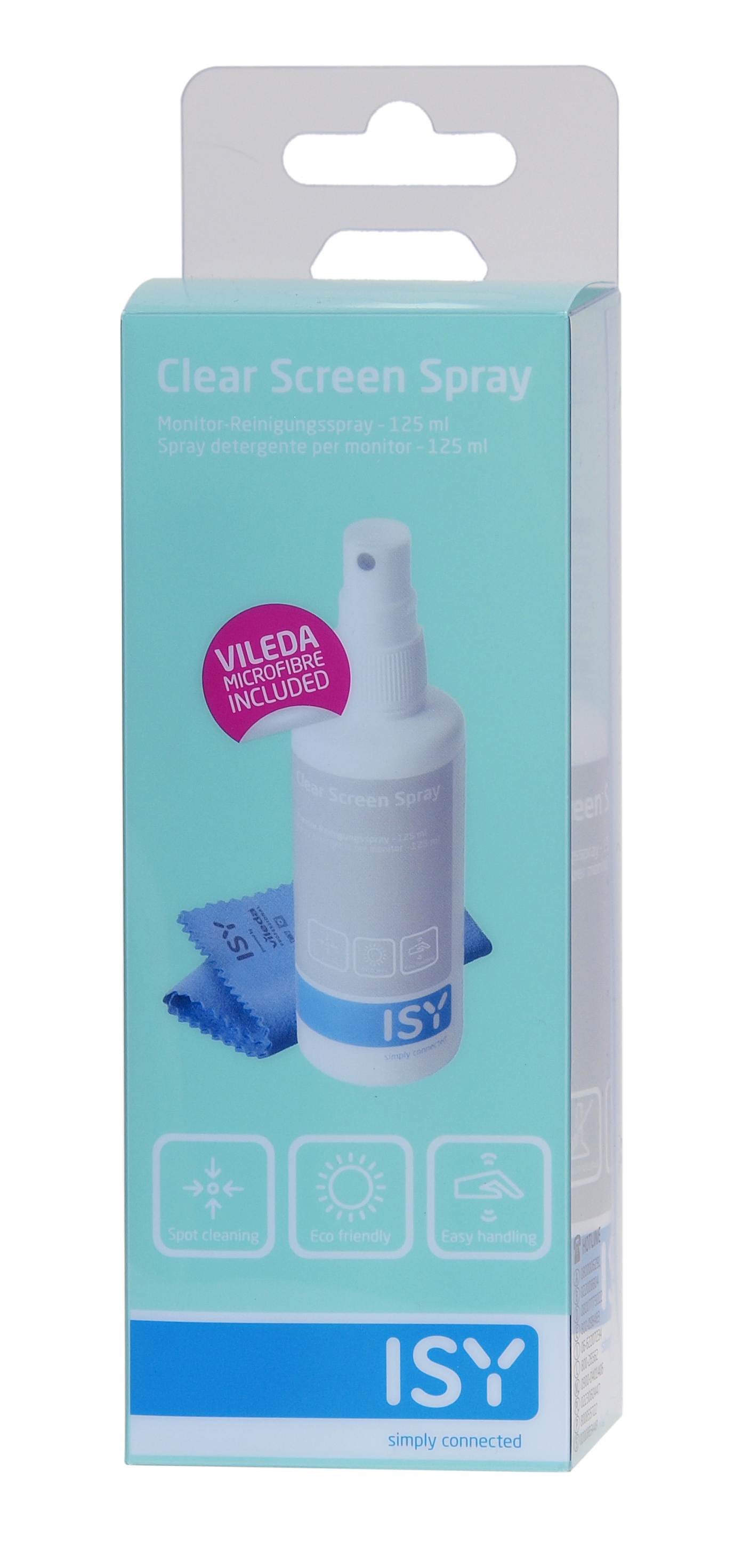Clear Screen Spray Box mit Sprühflasche und Tuch. Blaue und weiße Verpackung mit Anweisungen.