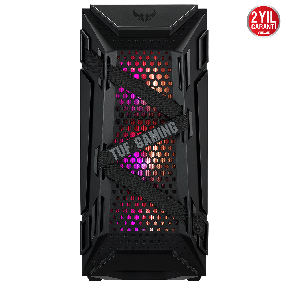 Siyah oyun PC kasası, TUF GAMING yazısı ve kırmızı/mor ışık gösterimi.