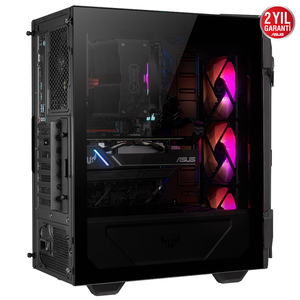 Cam yan panelli siyah bir oyun PC kasası. İçinde fanlar ve bir grafik kartı gibi bileşenler görünür.