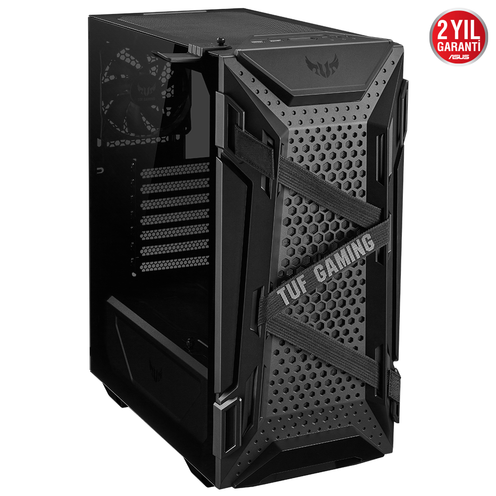 Örgü ön yüzü olan siyah bir TUF Oyun PC kasası, ASUS garanti etiketiyle.