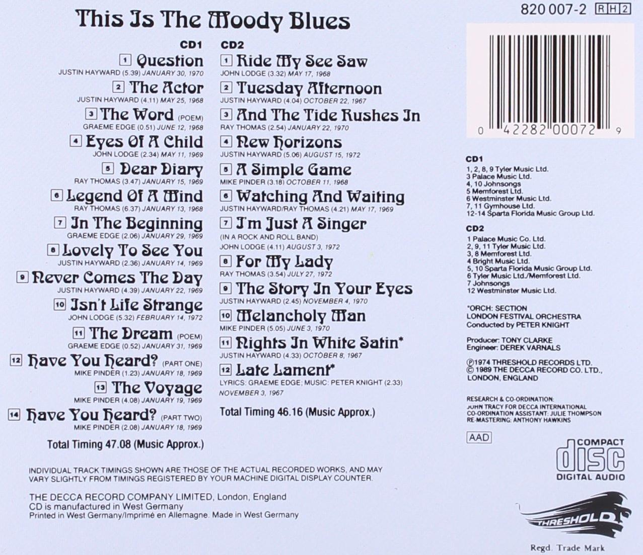 A Moody Blues album borítója, számlistával, CD-információkkal és egy kompaktlemez logóval.