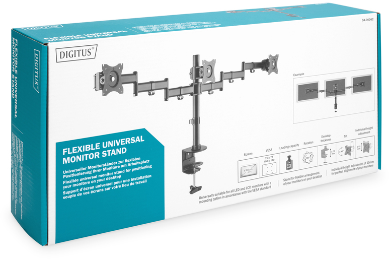 Box für einen flexiblen universellen Monitorständer, mit Produktdetails und Beispielen.