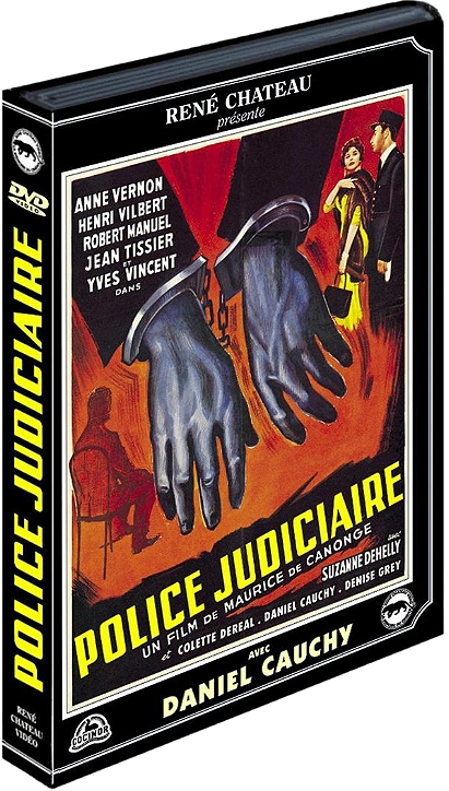 DVD-hoes van de film 'Police Judiciaire'. Vintage filmposter, zwarte hoes, met tekst en figuren. Zwarte achtergrond.