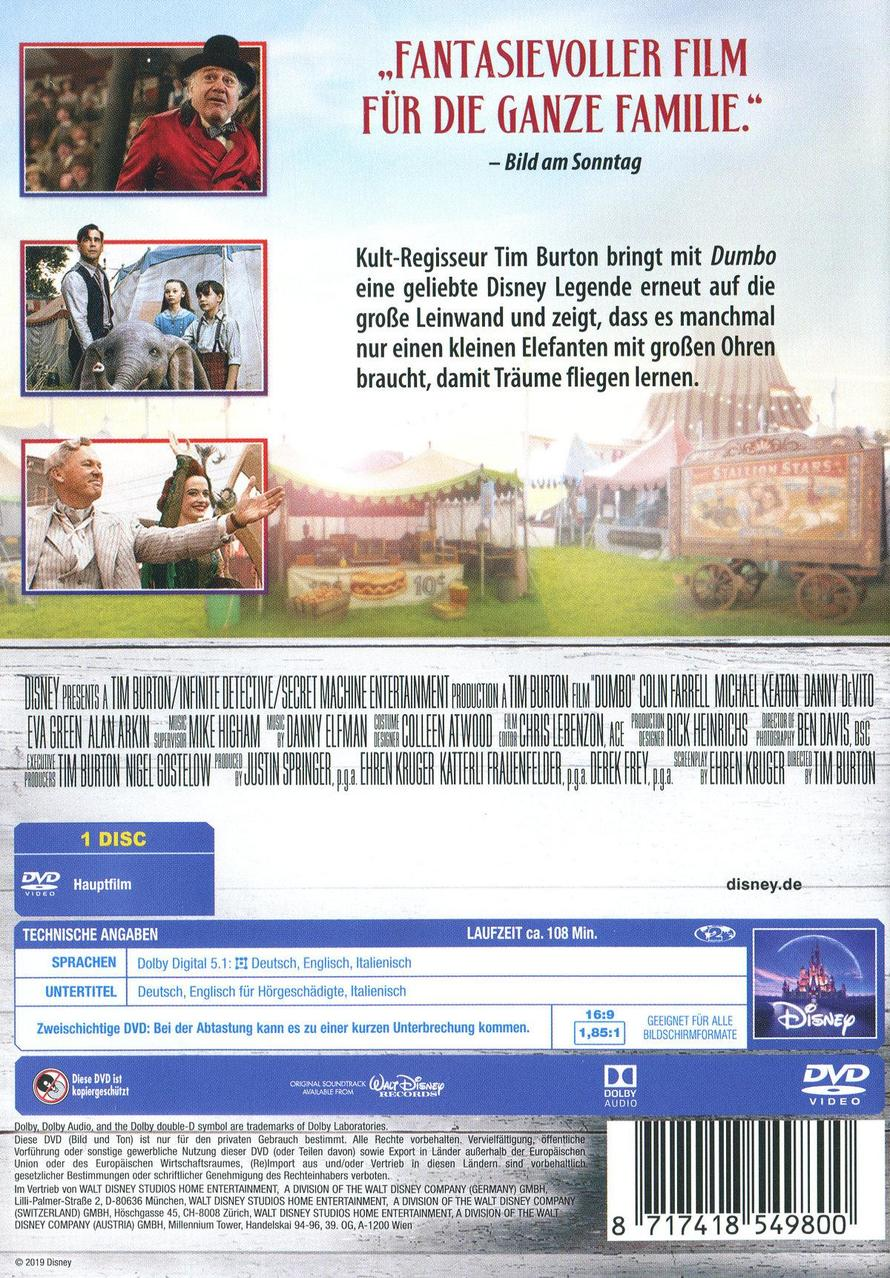 Dumbo DVD-Cover. Zirkusszene mit einem Mann mit Hut. Text: "Fantasievolle Film für die ganze Familie."
