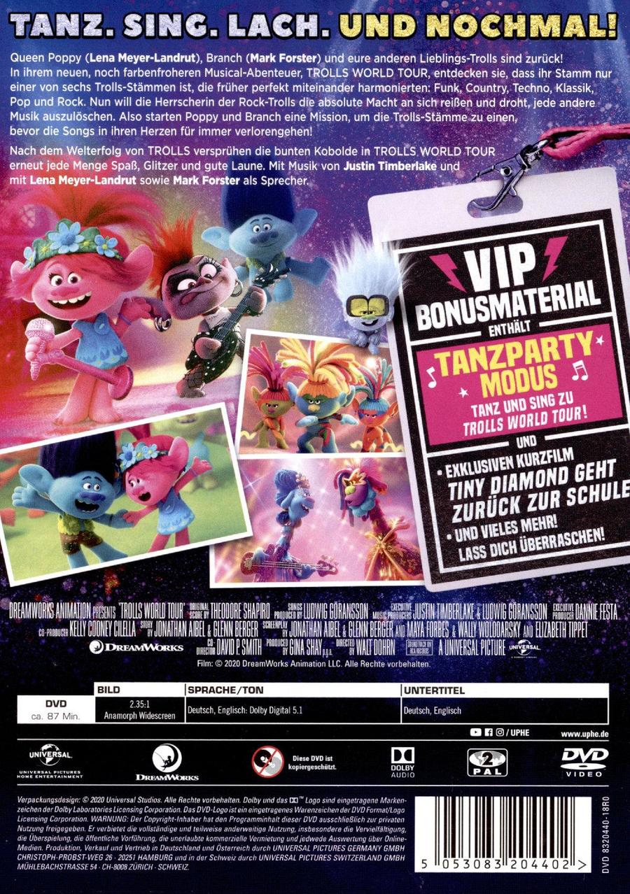 DVD-Cover für Trolls World Tour mit den Figuren und einem VIP-Bonusmaterial-Bereich.