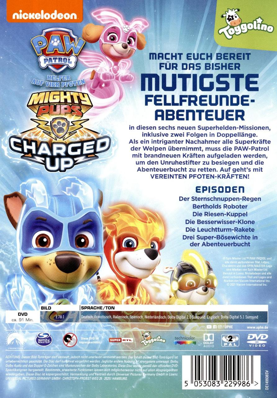 Paw Patrol DVD-Cover mit Welpen und Text.