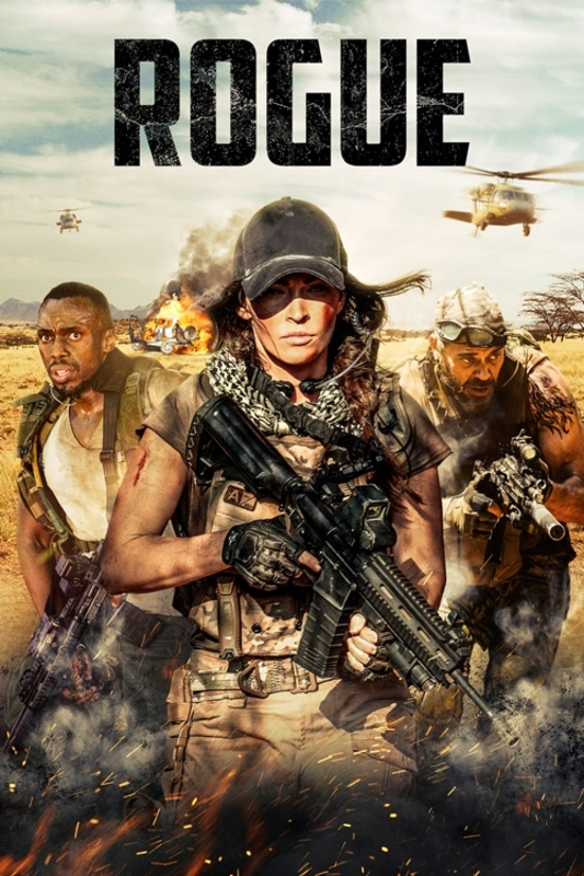Affiche du film Rogue, avec une femme armée et deux autres personnes.