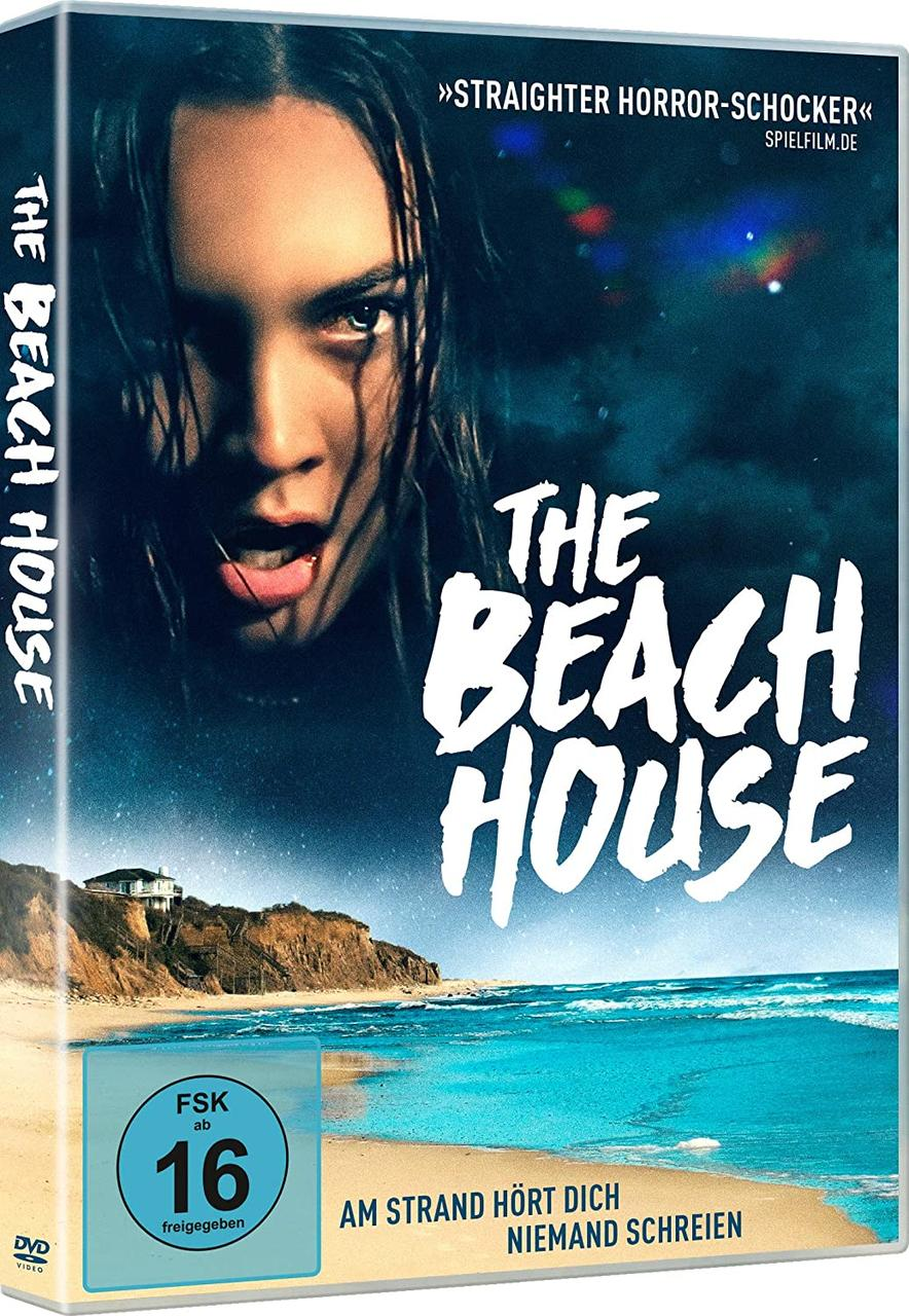 DVD-Cover für The Beach House. Eine Frau mit dunklen Haaren und einem erschrockenen Gesichtsausdruck. Blauer Hintergrund.