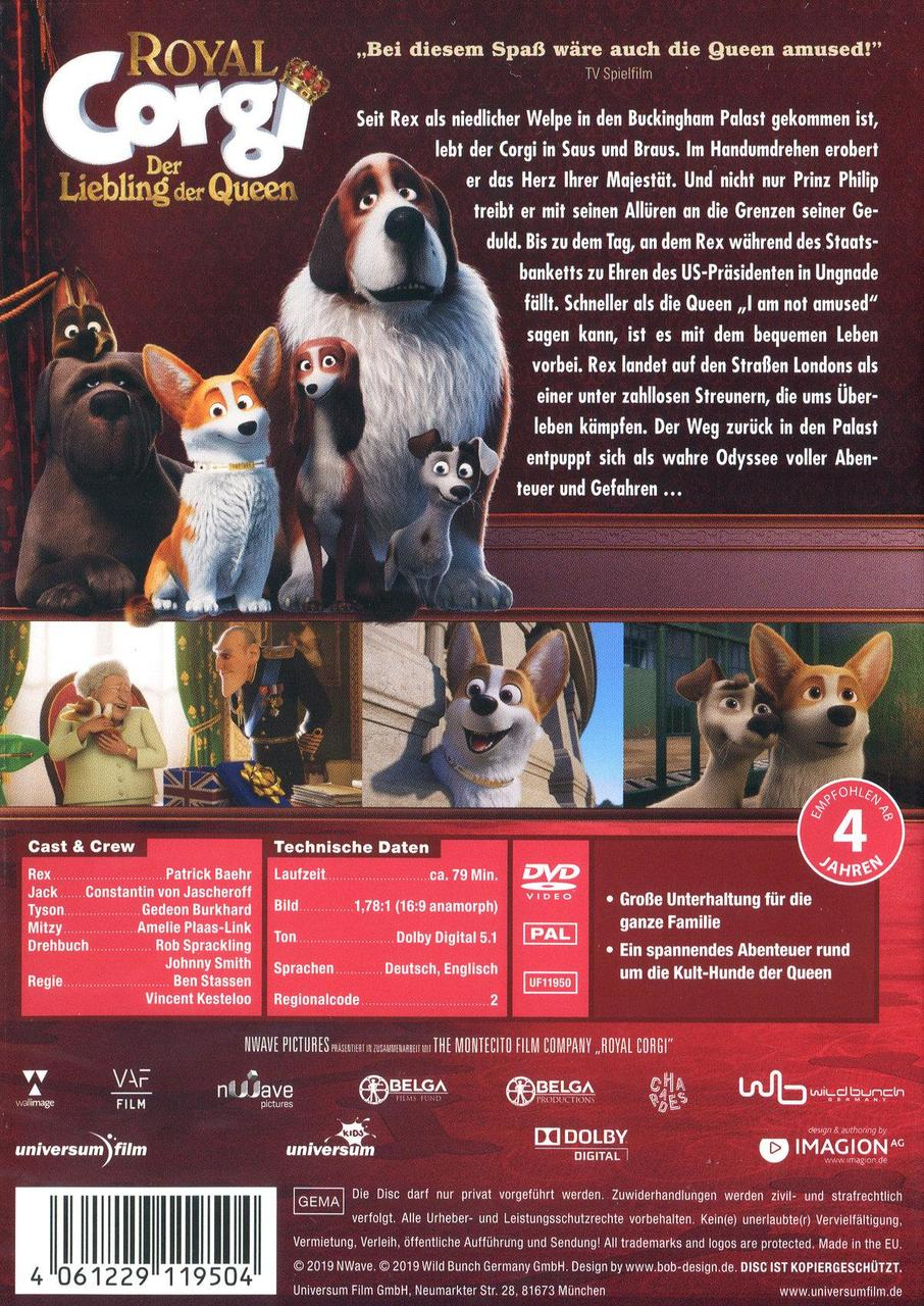 Royal Corgi Film-DVD-Cover. Zeigt Zeichentrickhunde mit einem Schloss im Hintergrund.