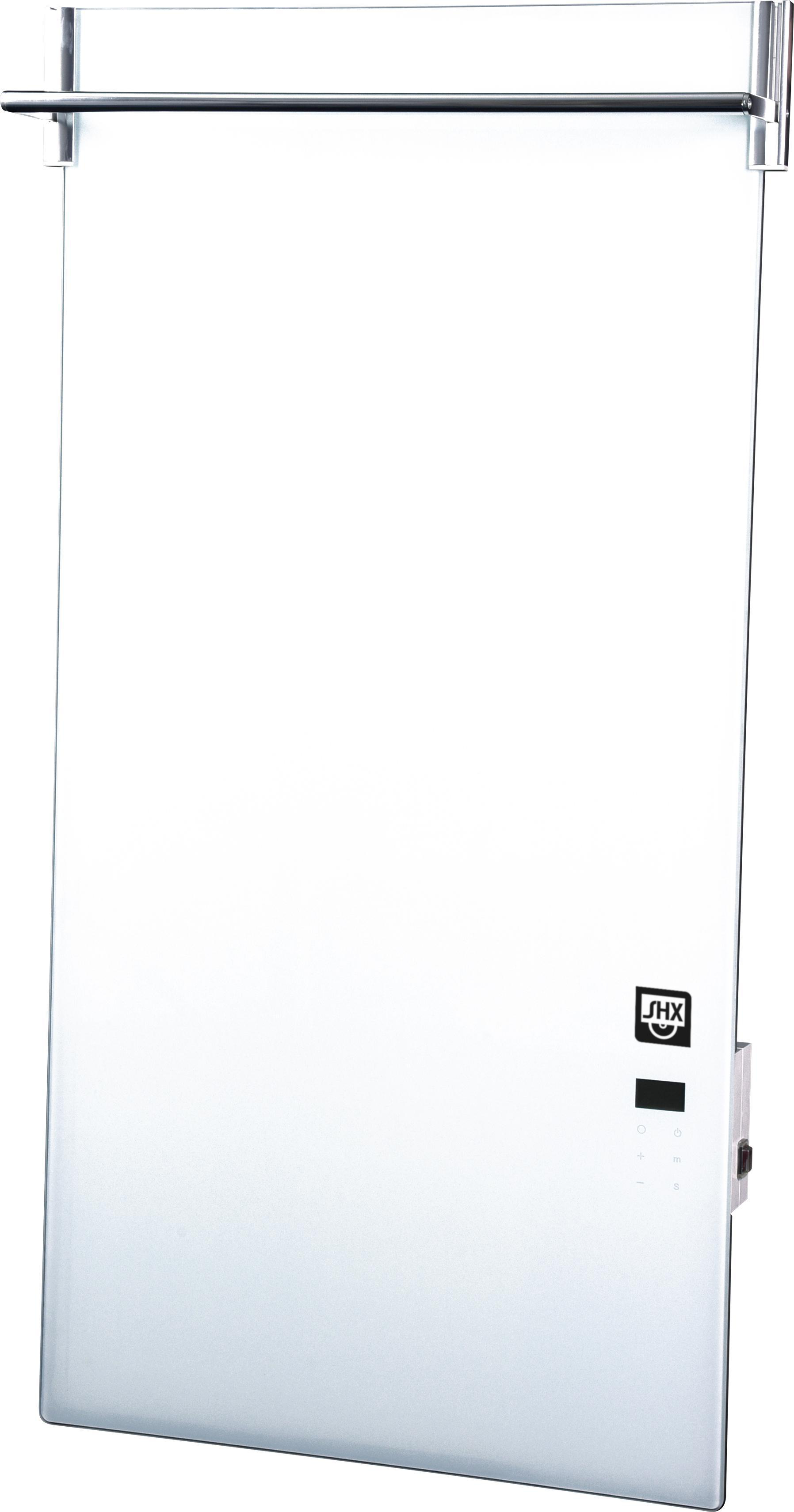 Ein weißer Glaspaneelheizer mit Handtuchhalter oben und Bedienfeld unten.