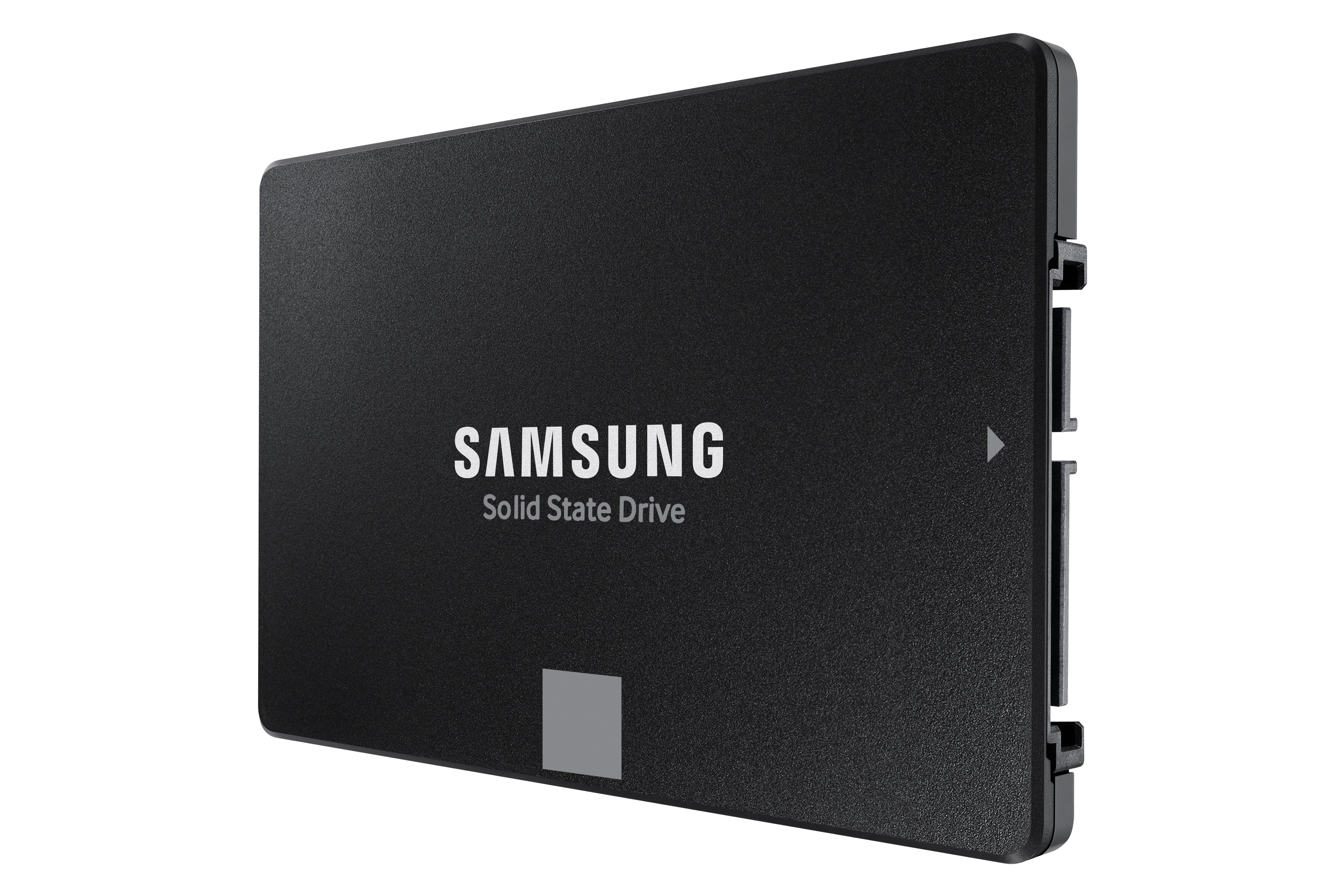 Zwarte Samsung solid state drive. Het Samsung-logo en "Solid State Drive" zijn zichtbaar.