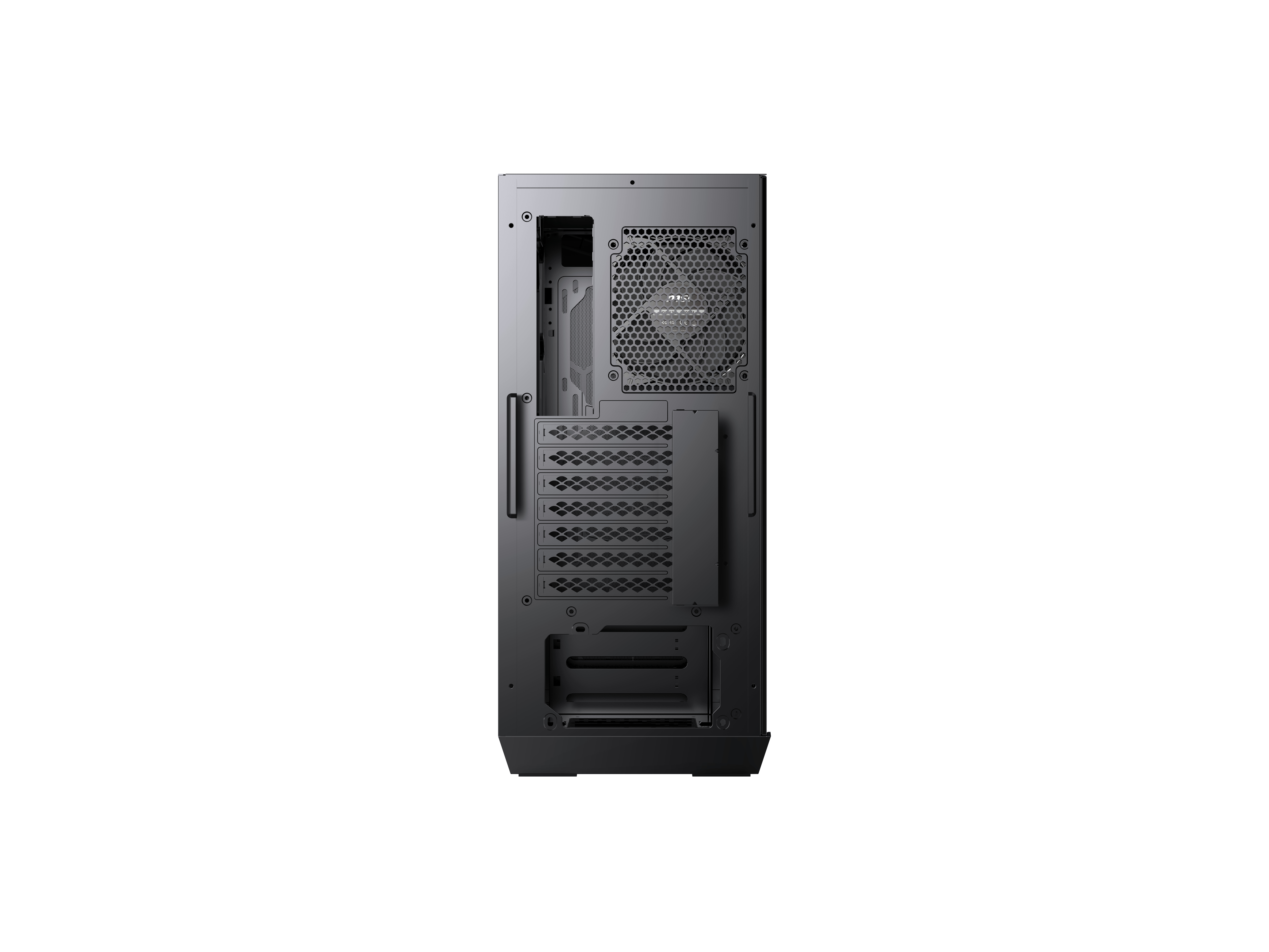 Rückansicht eines schwarzen Computergehäuses mit Lüfter und verschiedenen Anschlüssen.