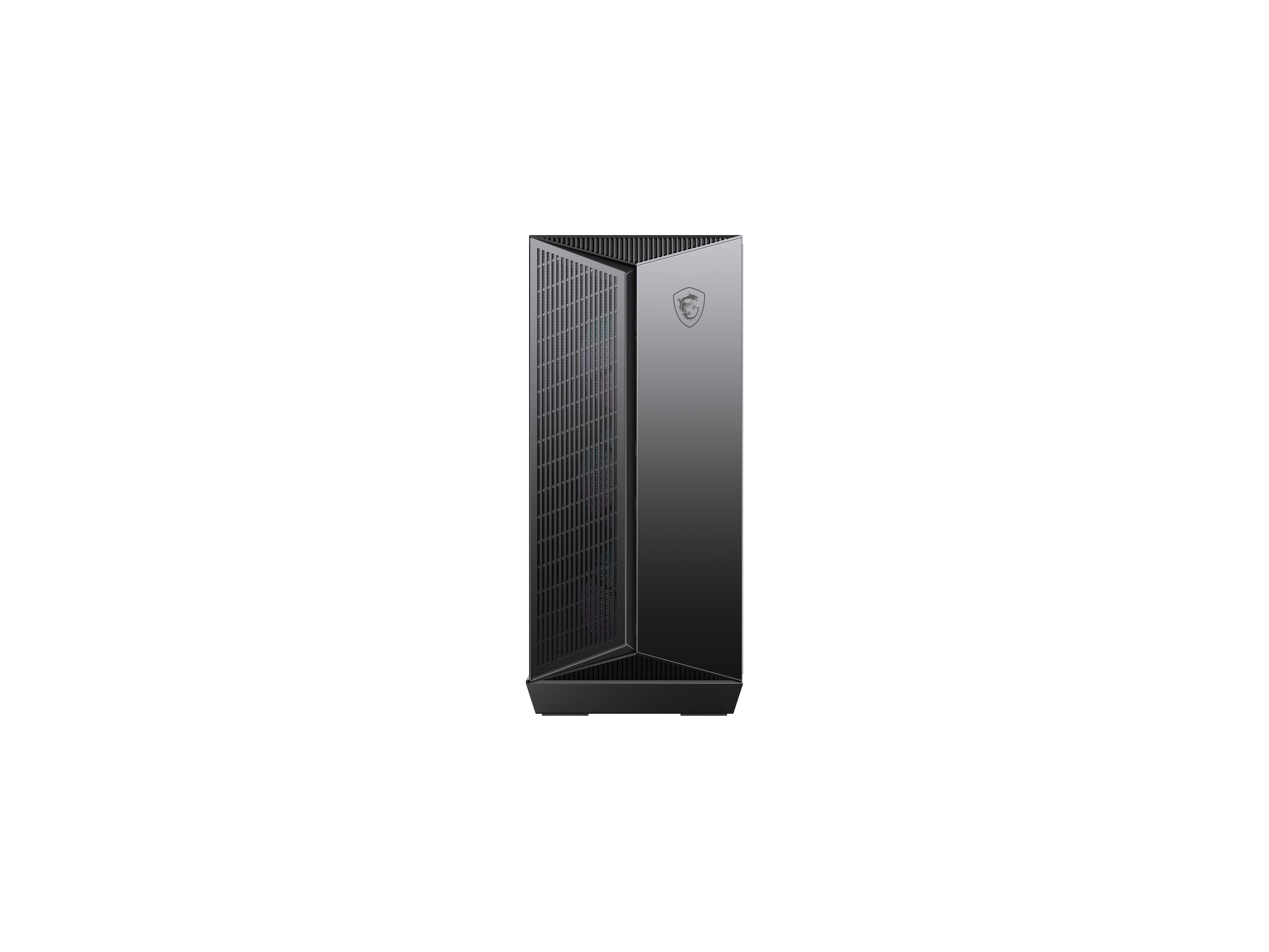 Schwarzes Computergehäuse, Vorderansicht, mit Mesh-Design.