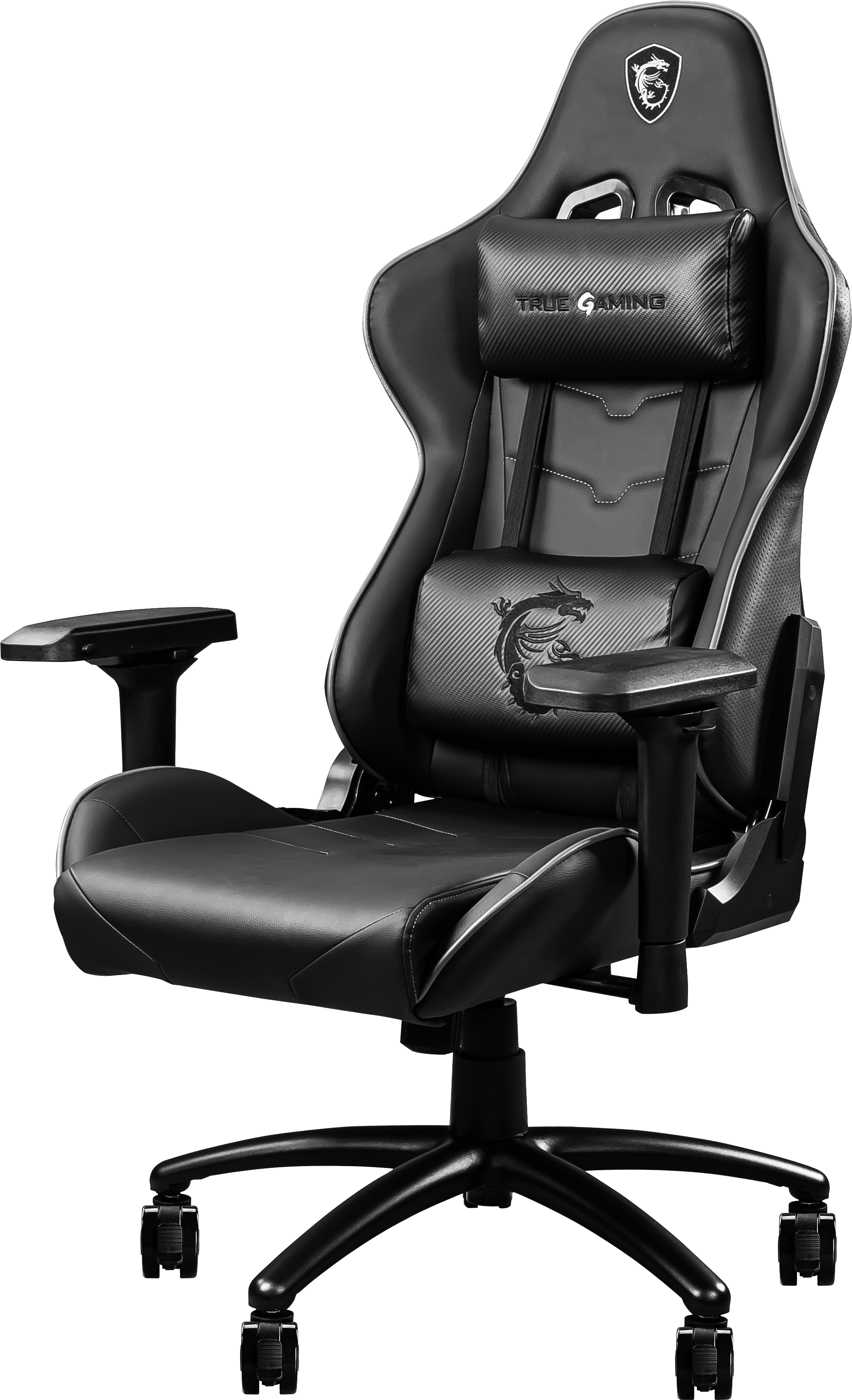 MSI MAG CH120 I Gaming Stuhl (Belastung max. 150 Kg, 4D Armlehnen, PVC Leder, schwarz, Nackenkissen, Lendenstütze)