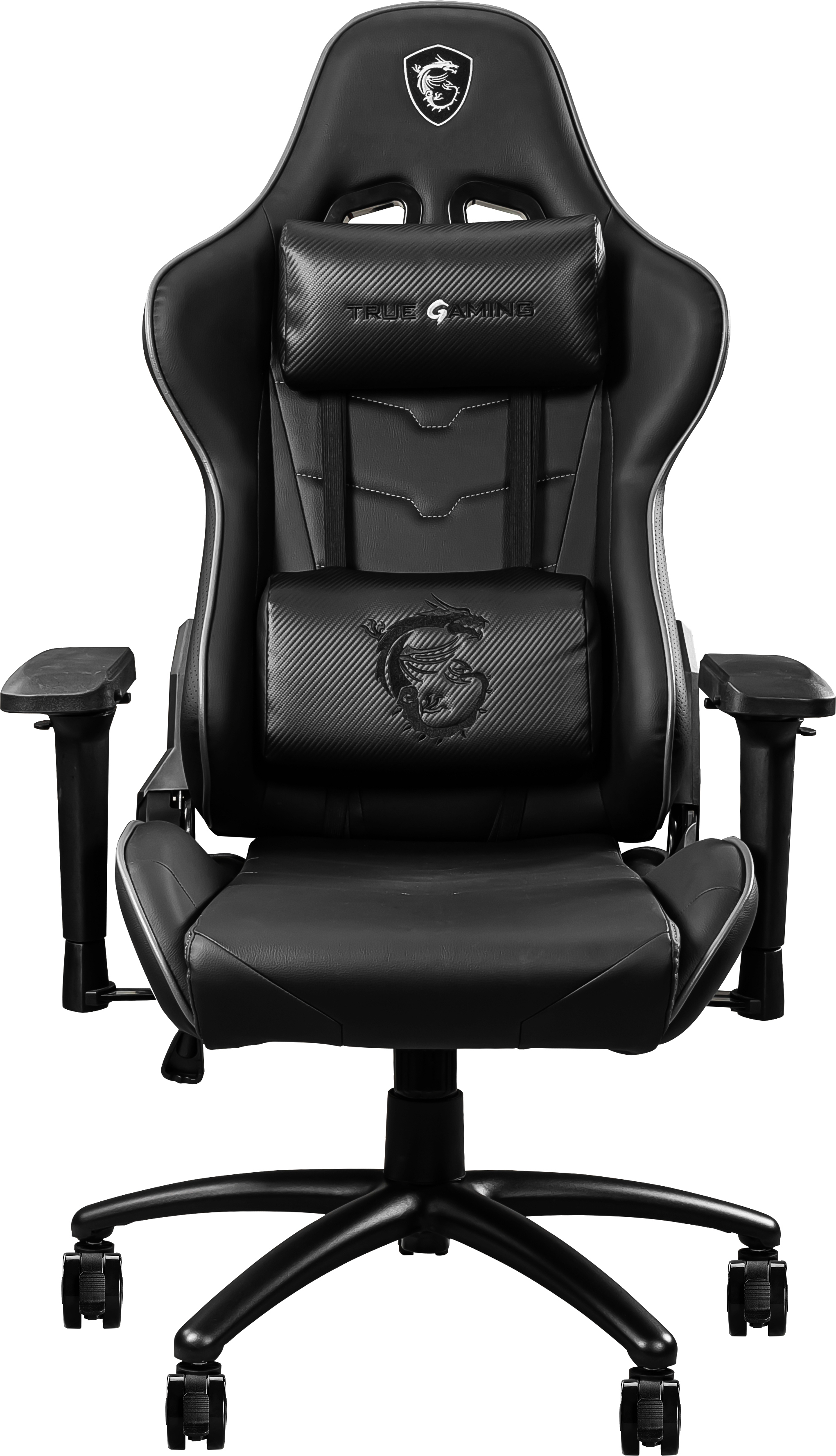 MSI MAG CH120 I Gaming Stuhl (Belastung max. 150 Kg, 4D Armlehnen, PVC Leder, schwarz, Nackenkissen, Lendenstütze)
