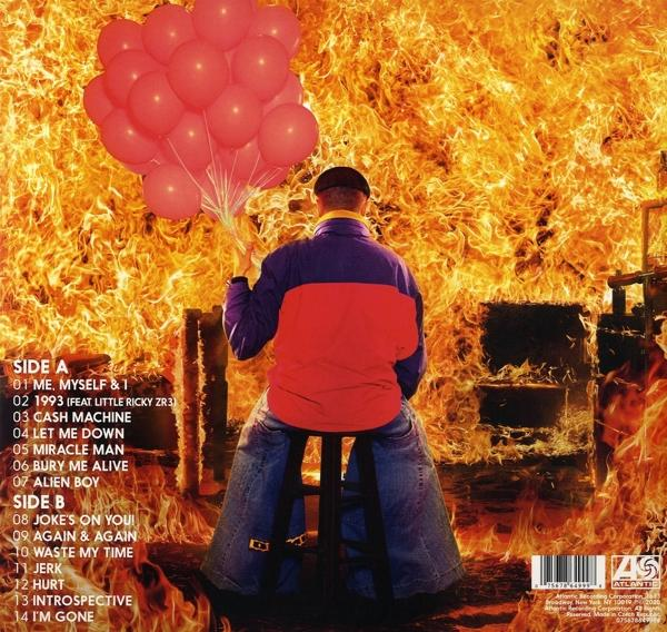 Férfi lufikkal tűz előtt, album borító.